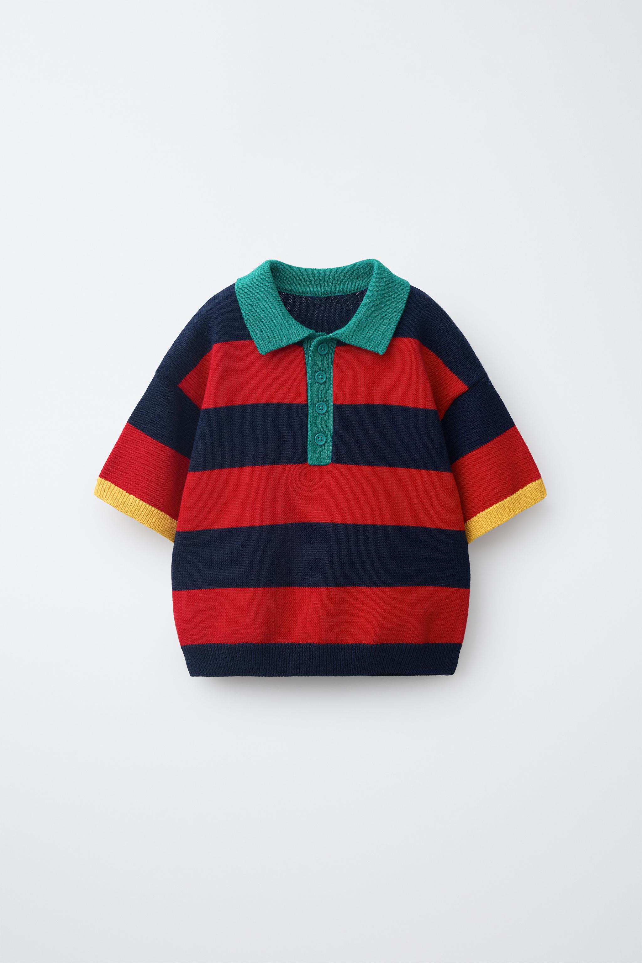 STRIPED KNIT POLO — Red / Navy
