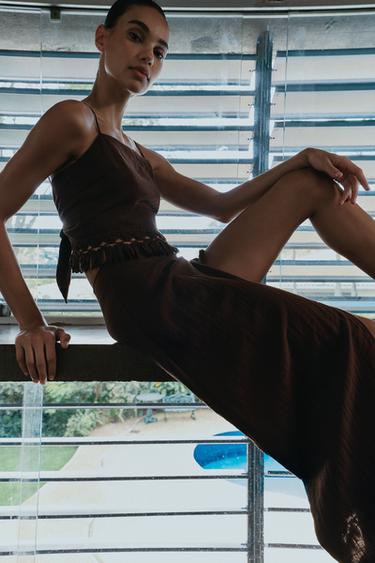 FRINGED PAREO MIDI SKIRT - Brown by Zara - Image 3