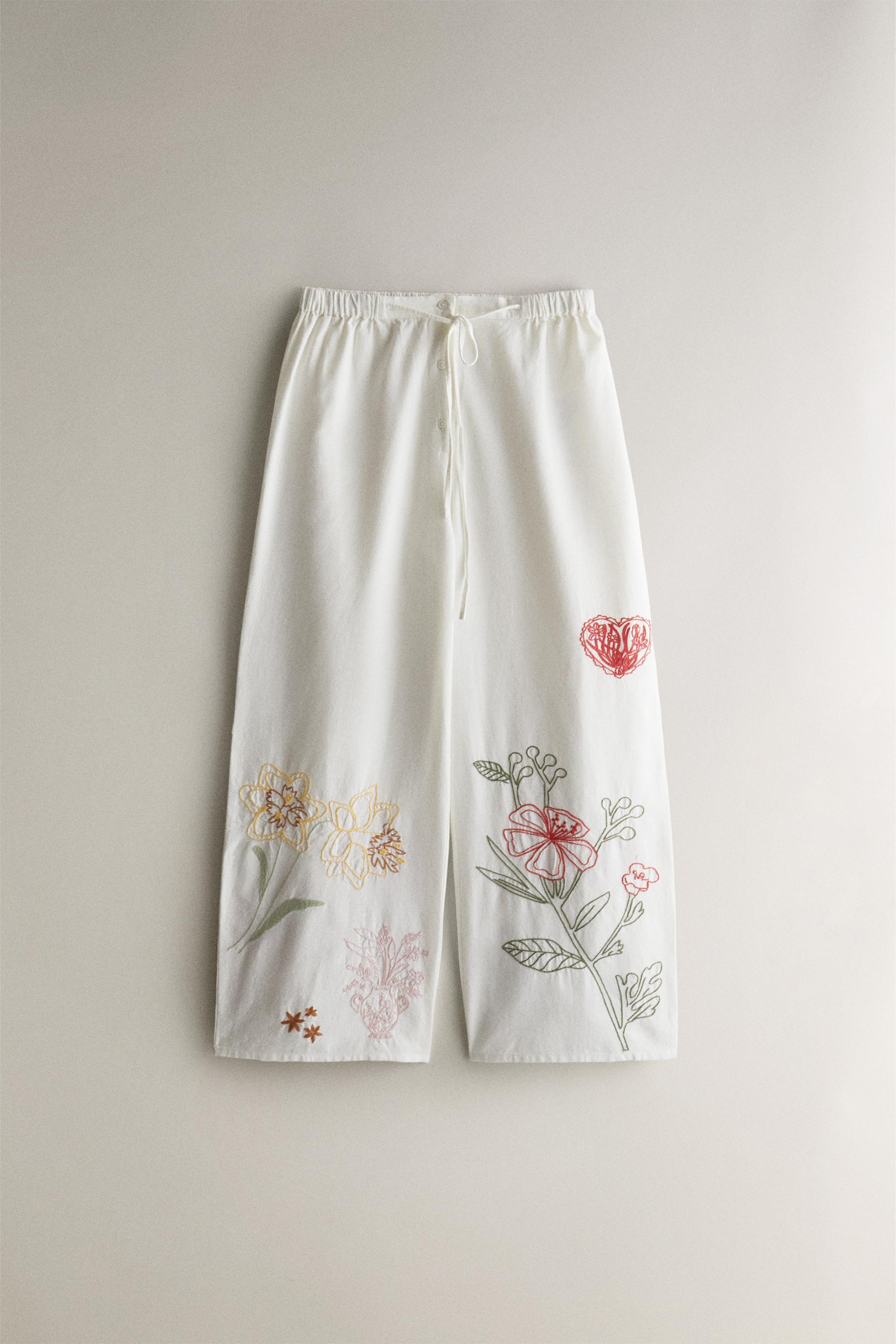 EMBROIDERED COTTON PANTS Ecru ZARA United States