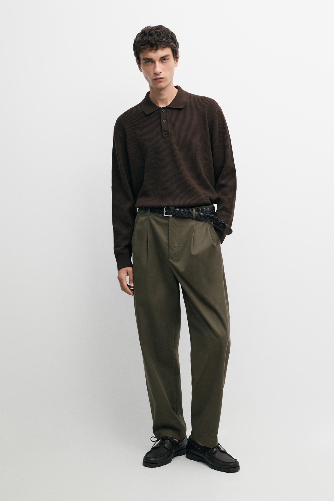 Button-detail polo knit sweater — Brown marl