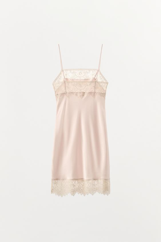 zara pink lace dress ZARA women blush pink lace overlay short sleeve ruffle hem midi dress L