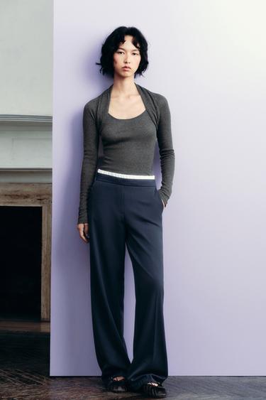 Zara 露肩雙層短版外套 T 恤 - 深斑紋灰色
