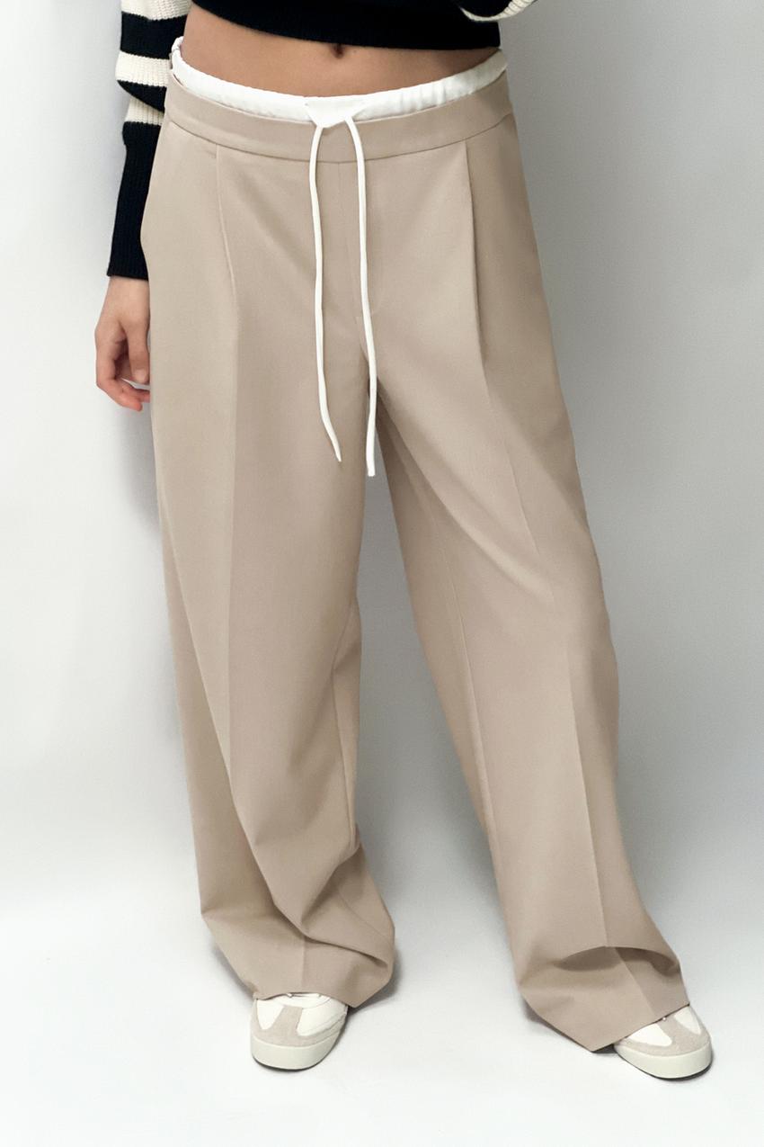 DOUBLE WAIST WIDE LEG PANTS - Sand | ZARA United States