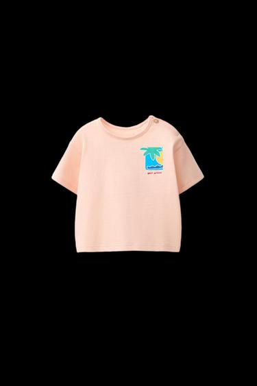 Zara PALM TREE PRINT T-SHIRT - Peach - Image 0