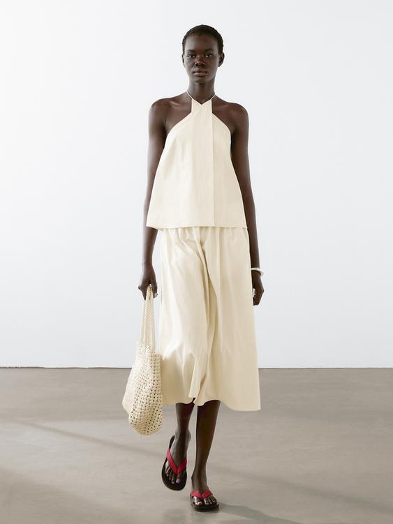 Striped cotton blend halter top