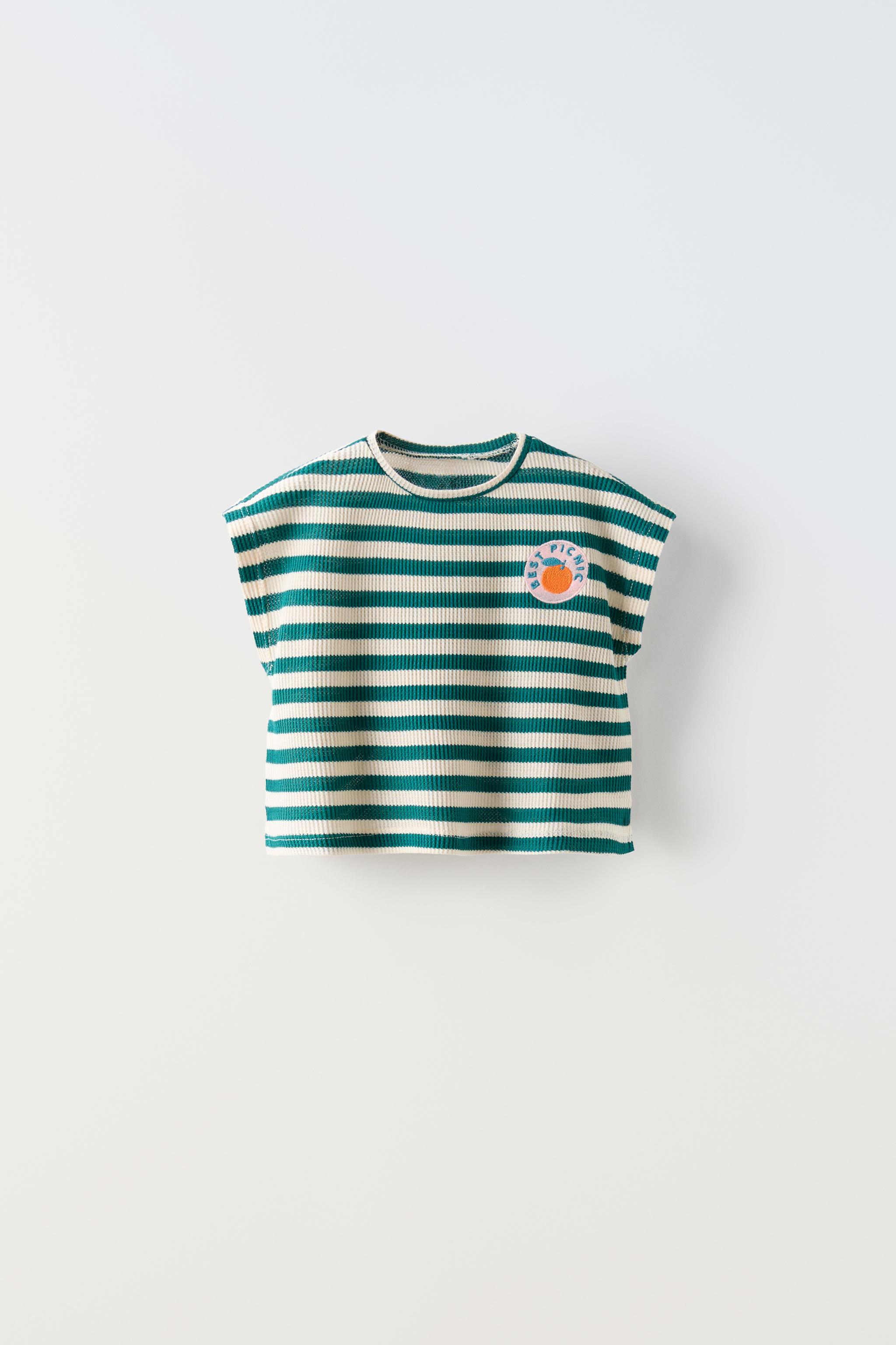 GESTREIFTES T-SHIRT MIT WAFFELMUSTER UND STICKEREI - Dunkelgrün 