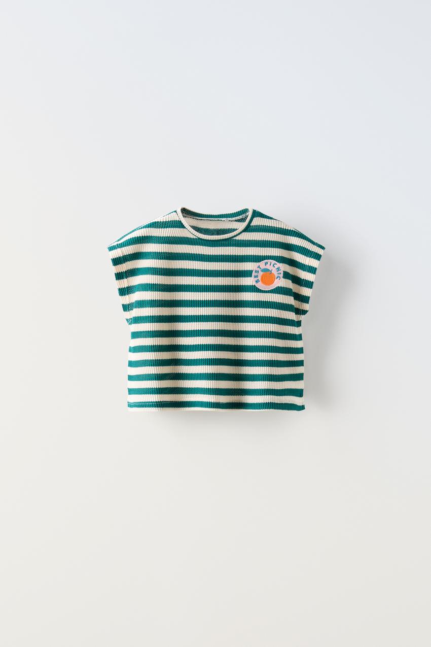 GESTREIFTES T-SHIRT MIT WAFFELMUSTER UND STICKEREI - Dunkelgrün 
