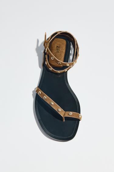 LEATHER STUDDED STRAPPY SANDALS - Brown by Zara