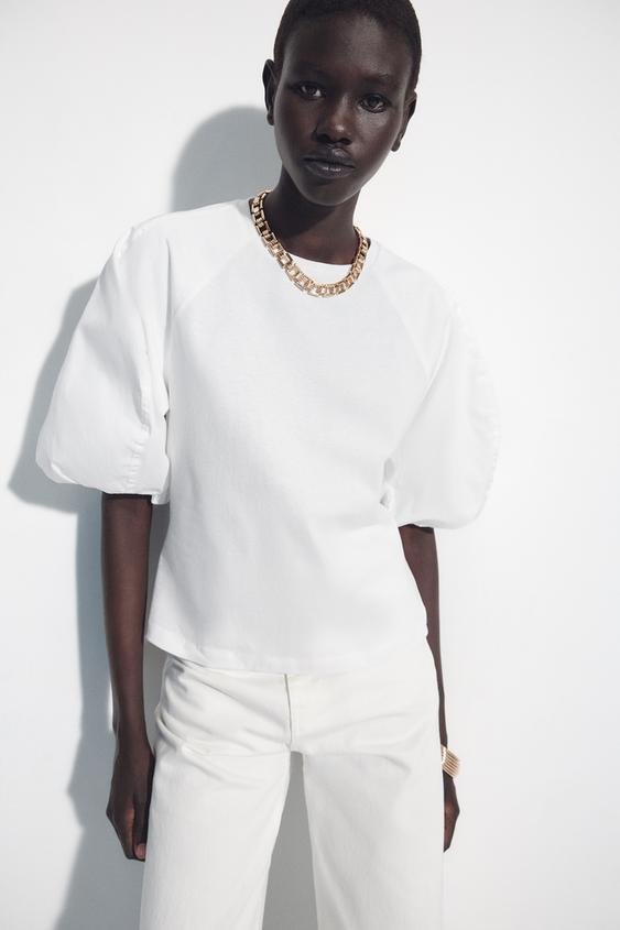 CAMISETA COMBINADA MANGA ABULLONADA - Blanco de Zara - Imagen 0