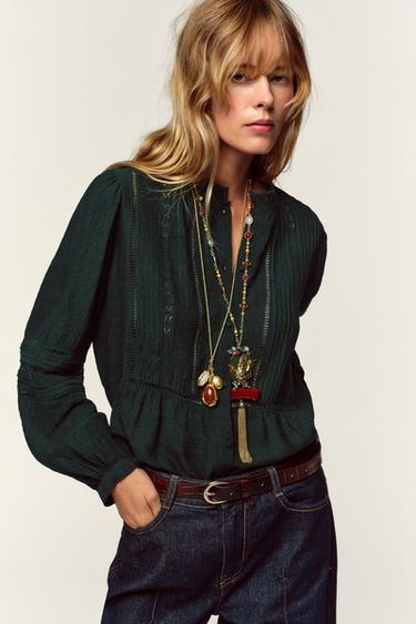 CAMISA ROMÁNTICA ENTREDOSES - Verde de Zara