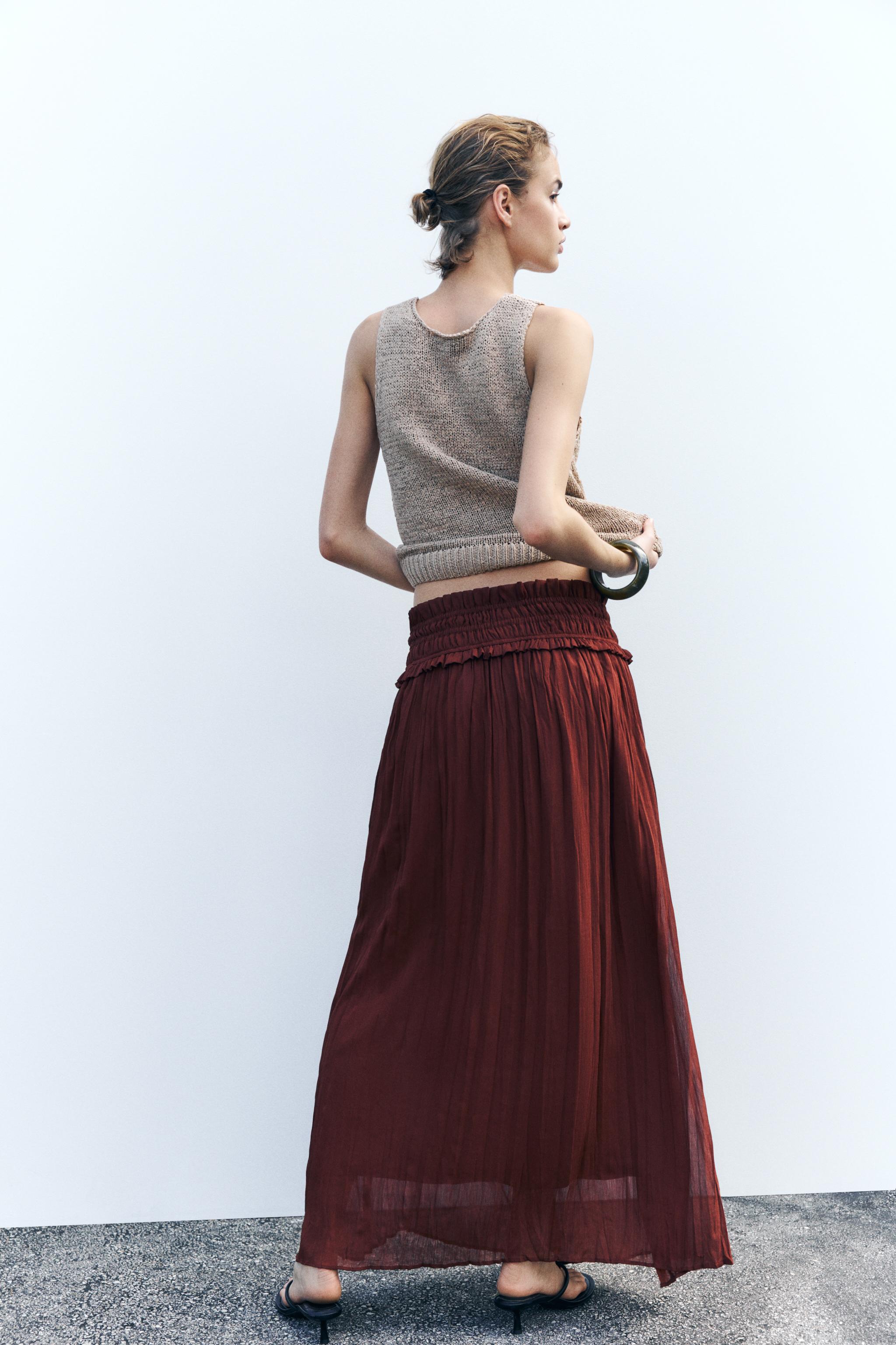 WIDE ELASTIC WAISTBAND MIDI SKIRT - Dark brown | ZARA United