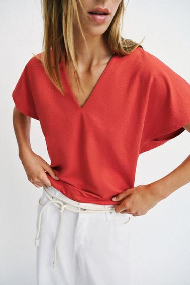 RUSTIC V-NECK T-SHIRT - Coral by Zara