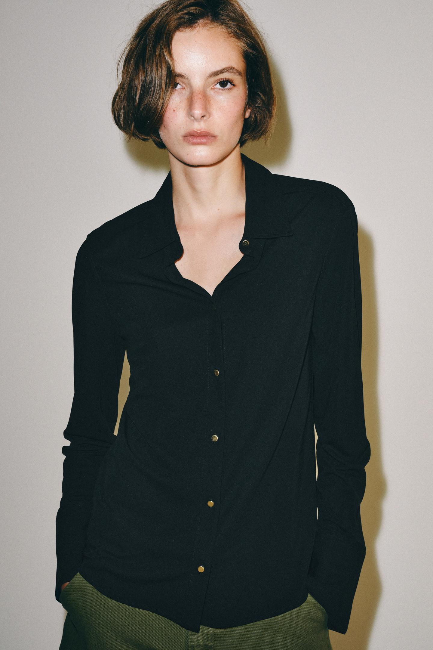 Женская рубашка Zara Gold Button Shirt ZW Collection, цвет: Чёрный — фото 2