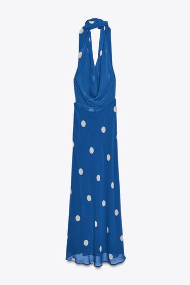 Zara PRINTED POLKA DOT MIDI DRESS - Blue / White