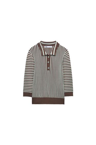 Brown and light blue striped polo shirt. Body with vertical stripes, sleeves with horizontal ones. Plain brown trims. Button-down collar. ZARA label.