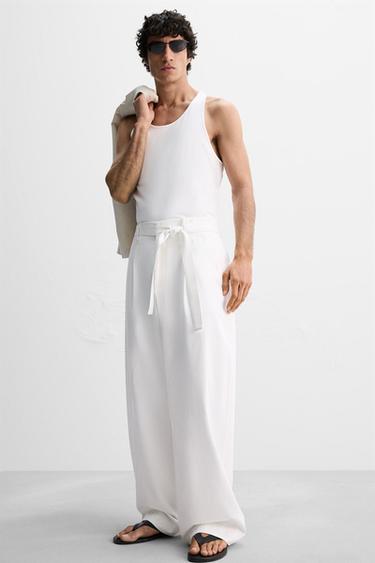 LYOCELL - COTTON TROUSERS WITH BELT - White by Zara - Image 5