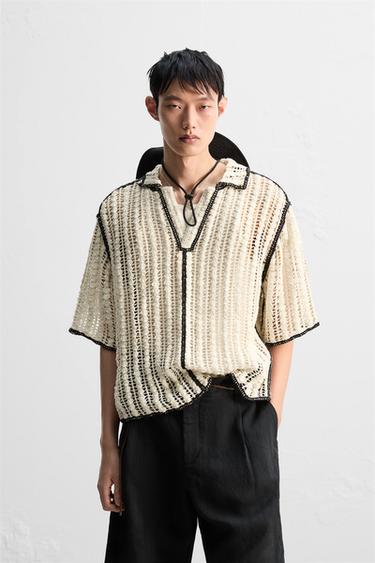 CROCHET TEXTURED POLO SHIRT - Black / White by Zara