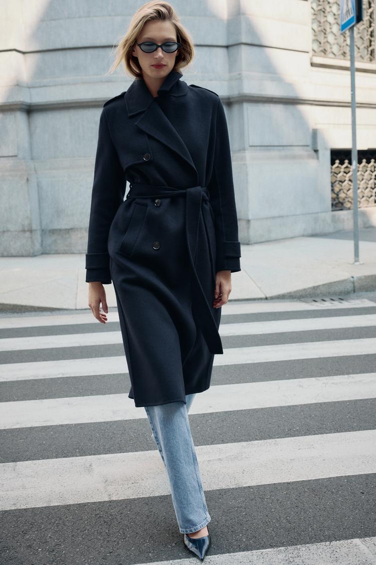 WOOL COAT WITH BELT navy ZARA United Kingdom - Main Image