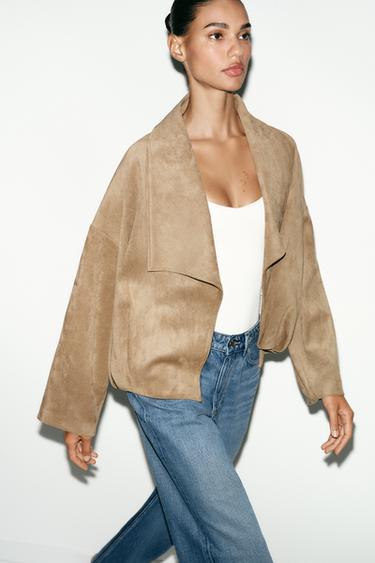 Zara FAUX SUEDE WRAP JACKET - Dark camel