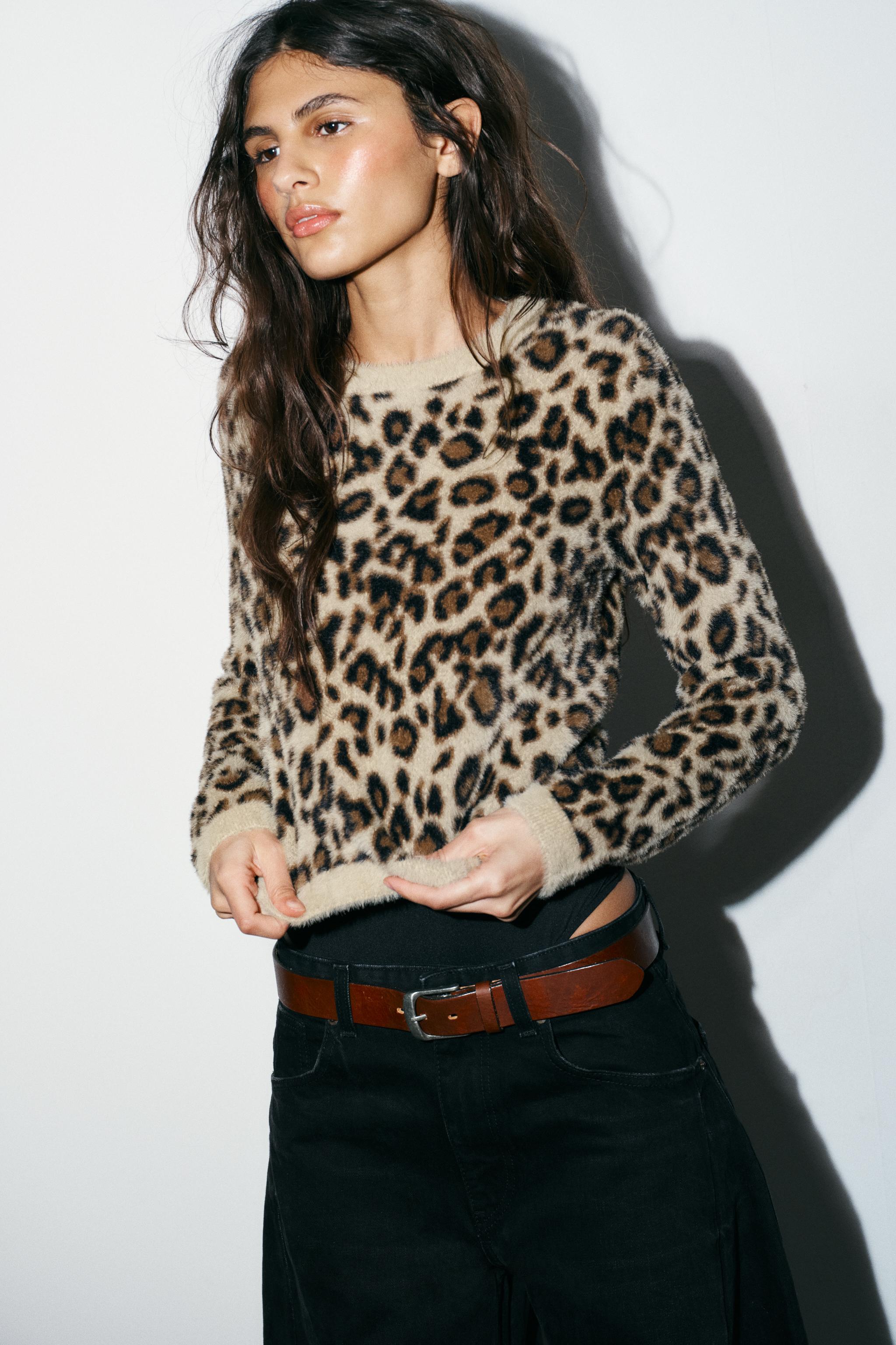 FAUX FUR ANIMAL PRINT KNIT JUMPER
