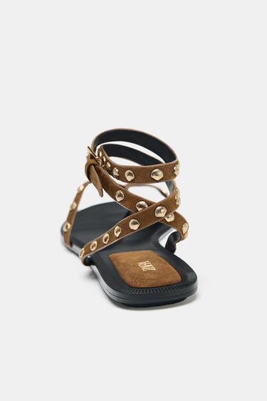 LEATHER STUDDED STRAPPY SANDALS - Brown by Zara - Image 5