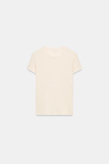 BLUZË PAMBUKU ME MËNGË TË SHKURTRA - Ngjyrë natyrale nga Zara