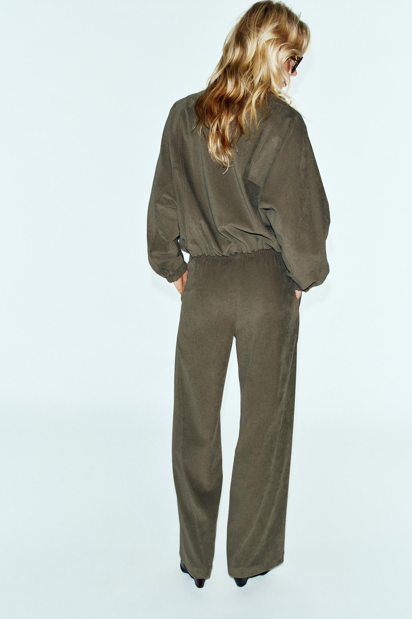 Женские брюки Zara Wide-Leg Elastic Waist, цвет: Хаки — фото 4