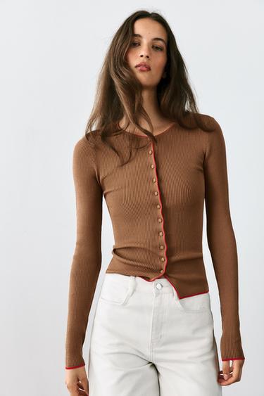 Zara CONTRAST TRIM KNIT JACKET - Brown
