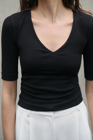 تيشرت قطني مغسول - أسود الخاص بـ Zara