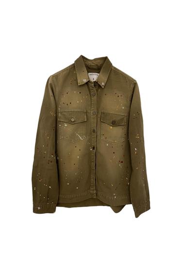 ZARA GREEN PAINT SPLATTER CHORE COAT DENIM ARTIST WORK JACKET WOMENS SMALL