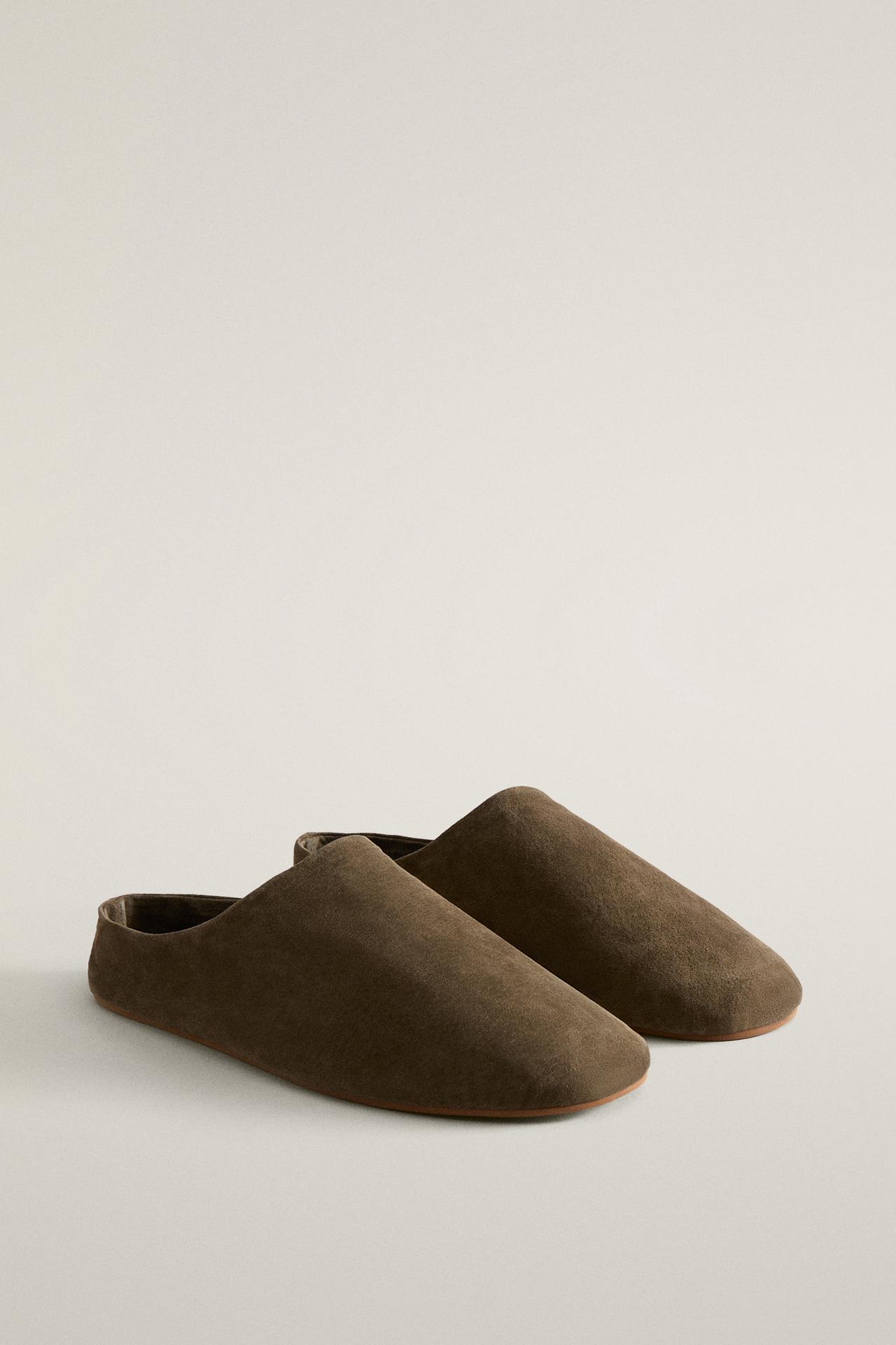 LEATHER MULE SLIPPERS — Khaki Green