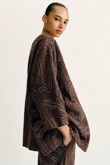 METALLIC THREAD AND sequin KIMONO JACKET - Brown by Zara
