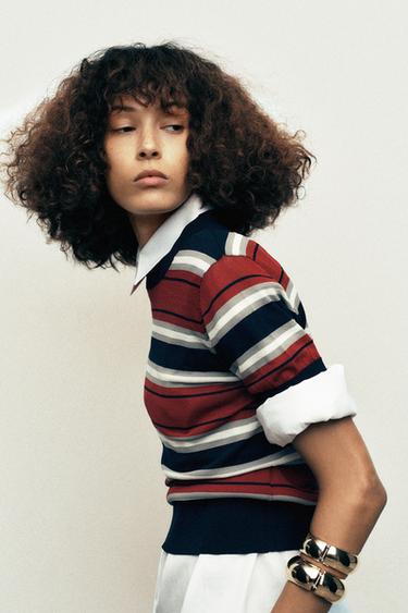 Zara STRIPED KNIT TOP - Red / Navy