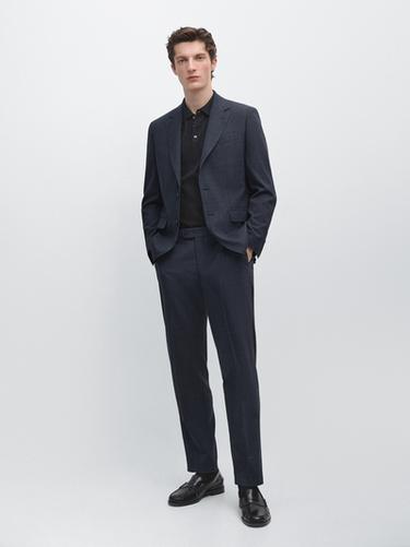 Zara Cool wool blend check suit trousers - Navy blue - Image 0