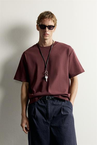 COMPACT RIBBED RELAXED FIT T-SHIRT - Burgundy by Zara