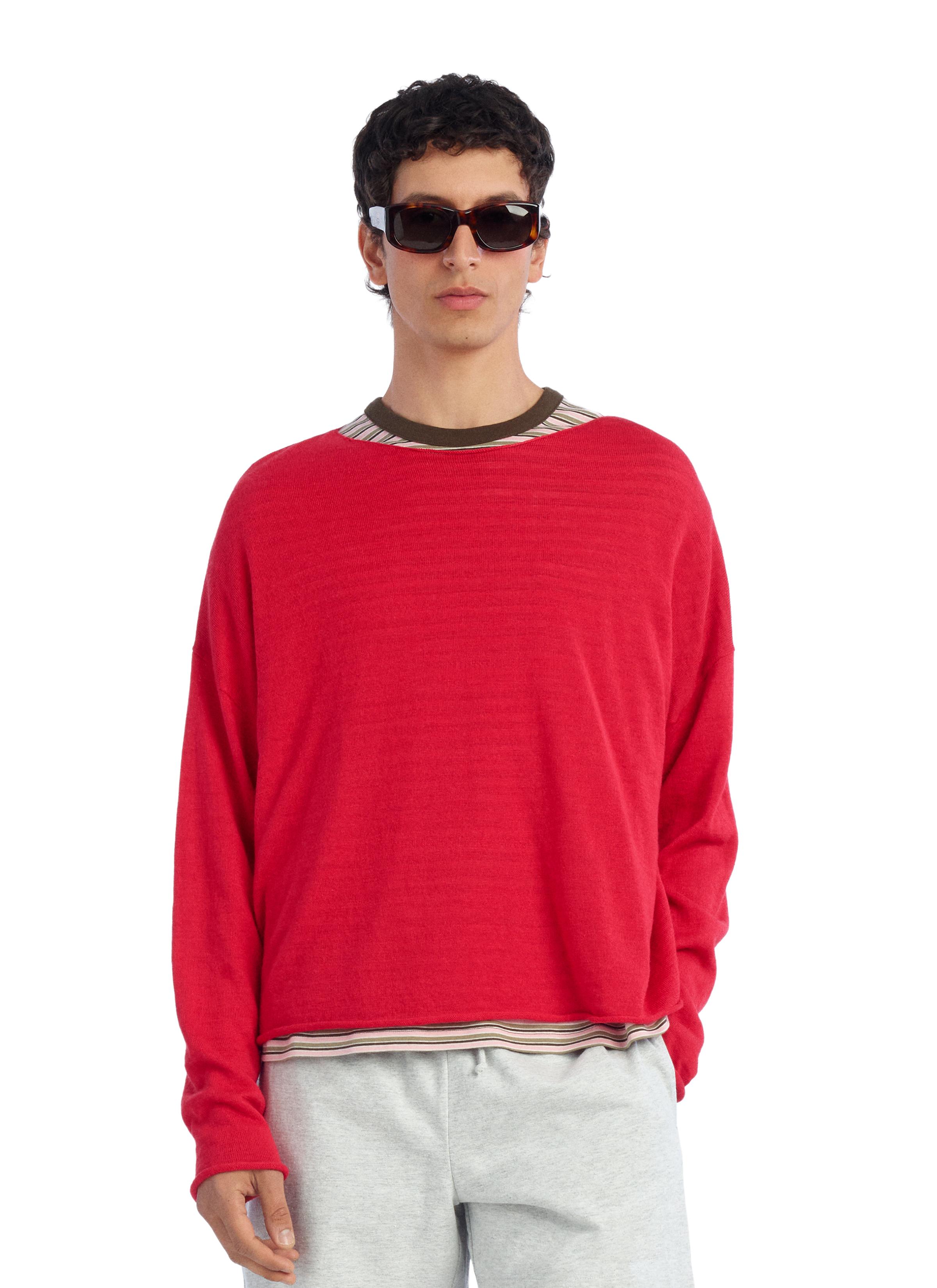 CROPPED FIT LINEN-WOOL BLEND SWEATER — Red