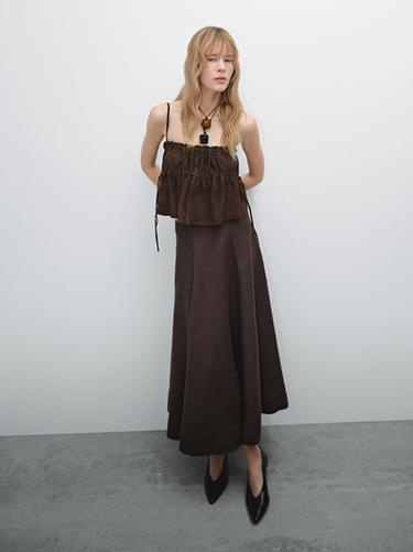 Zara Flared linen skirt with hem detail - Chocolate - Image 0