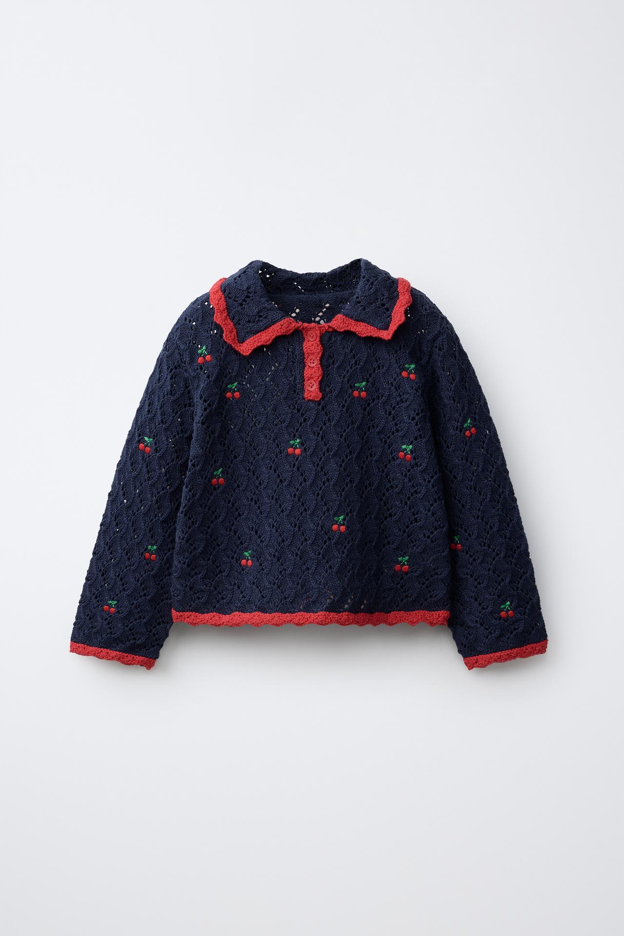 CHERRY POINTELLE KNIT POLO SHIRT — Navy blue