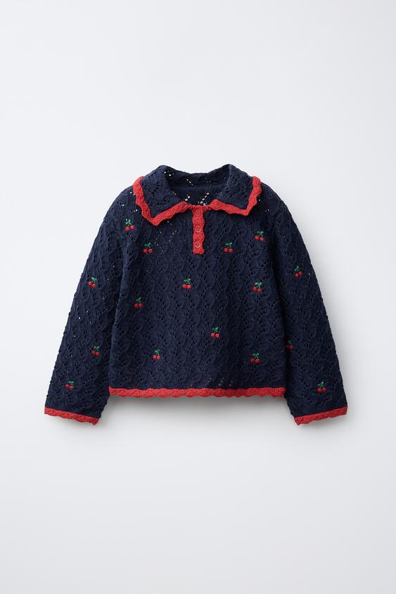 CHERRY CUTWORK POLO SHIRT - Navy blue by Zara - Image 0