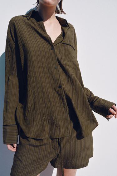 Zara ZW COLLECTION 流暢條紋襯衫 - 棕色-藍色