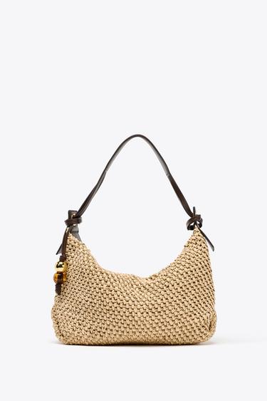 Zara WOVEN SHOPPER BAG WITH CHARM - Light beige