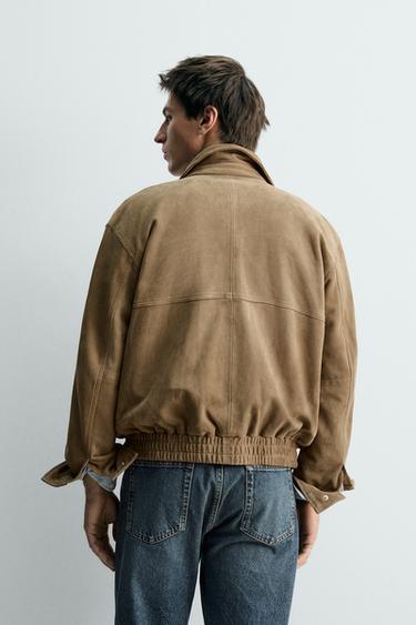 BLOUSON EN CUIR DAIM - Vert olive de Zara - Image 2