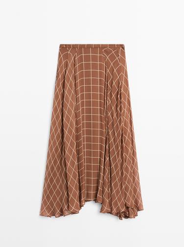 Zara Long flowing skirt with checked detail - Earth