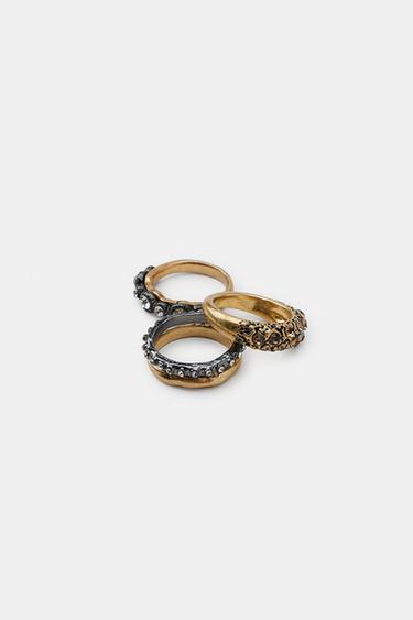 Zara 三件組金屬亮片戒指 - 金黃色