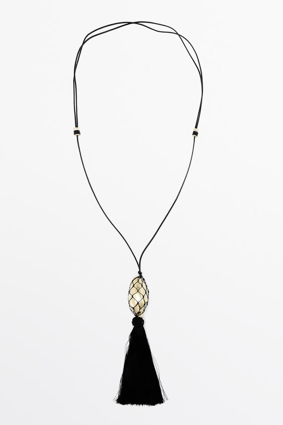 Collier long cordon cuir coquillage et pompon - Doré de Zara - Image 0