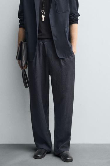 Zara FLOWY PLEATED PANTS - Navy blue