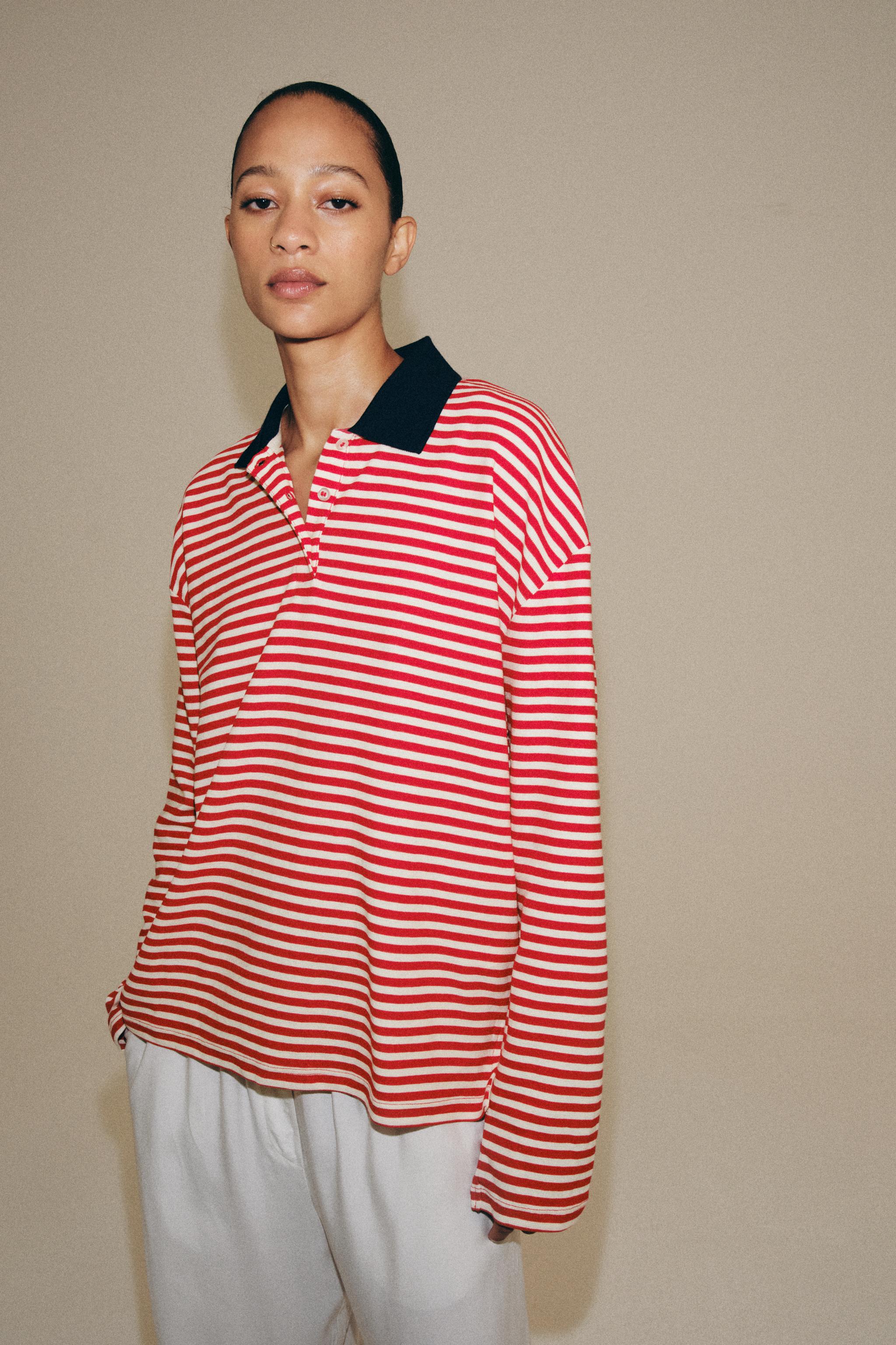 STRIPED POLO SHIRT — Ecru / Red