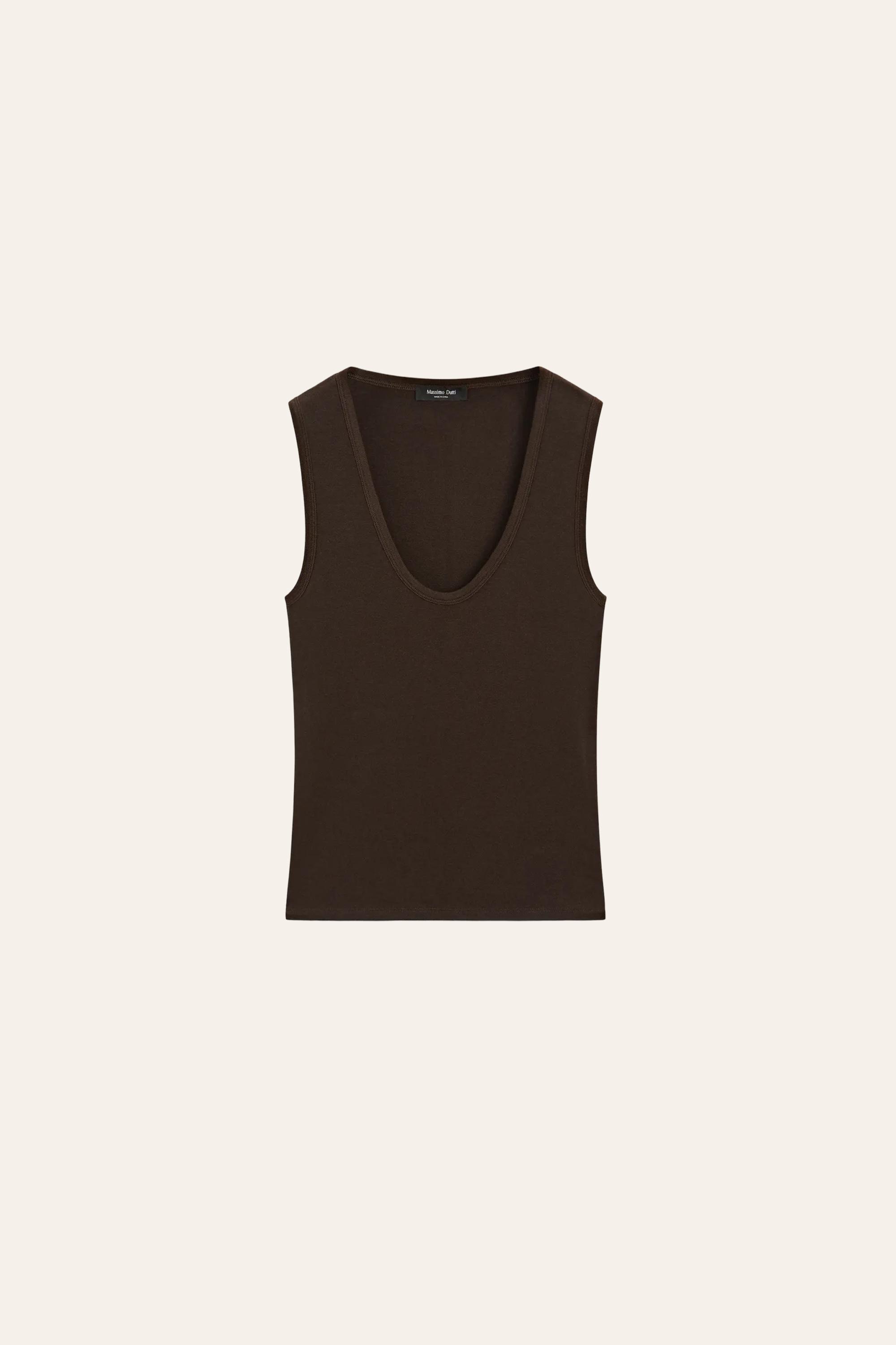 Cotton blend V-neck top — Dark brown