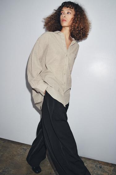ZW COLLECTION テクスチャーオーバーサイズシャツベージュ­ブラウンZaraのZW COLLECTION テクスチャーオーバーサイズシャツ - ベージュ­ブラウン 