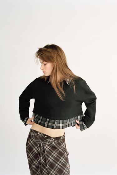 CONTRAST CHECK SWEATSHIRT - Black by Zara - Image 1